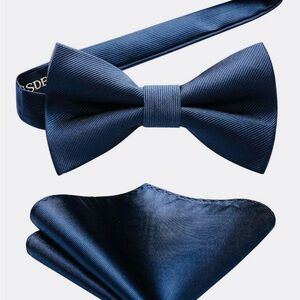 HISDERN Navy Blue Pre-tied Bow Tie & Pocket Square Set